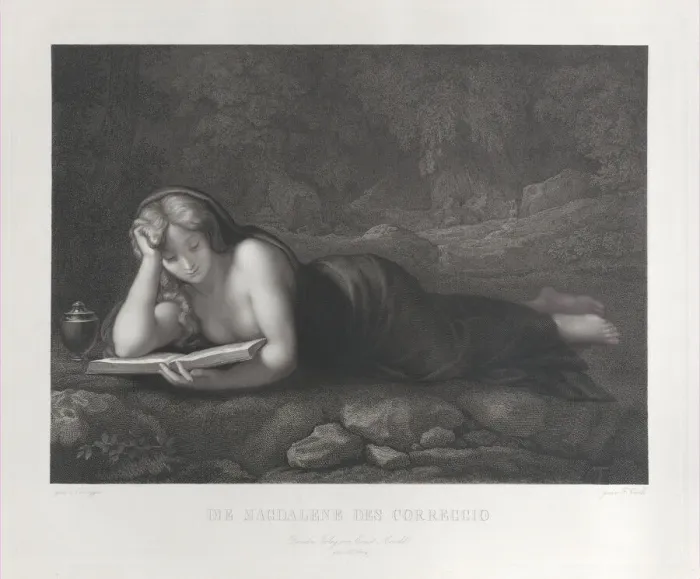 Framed Print : Mary Magdalene reading in the desert, 1827-75. Creator: Johann Heinrich Friedrich Ludwig Knolle Framed Print : Mary Magdalene reading in the desert, 1827-75. Creator: Johann Heinrich Friedrich Ludwig Knolle