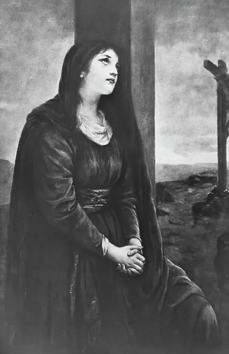 Framed Print : Mary Magdalene seated below the Cross, late 19th or early 20th century. Artist: Newton & Co Framed Print : Mary Magdalene seated below the Cross, late 19th or early 20th century. Artist: Newton & Co