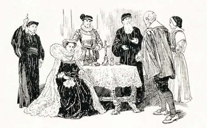 Framed Print : Mary Queen of Scots taking the Oath, 1925. Creator: Howard Davie Framed Print : Mary Queen of Scots taking the Oath, 1925. Creator: Howard Davie