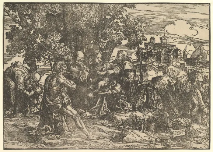 Framed Print : Mary seated beneath trees with baby, flanked by Joseph at left and St Framed Print : Mary seated beneath trees with baby, flanked by Joseph at left and St