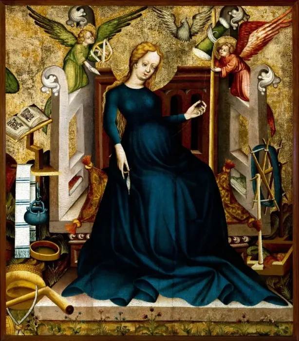 Framed Print : Mary at the Spinning Wheel from Güssing, c. 1410. Creator: Anonymous Framed Print : Mary at the Spinning Wheel from Güssing, c. 1410. Creator: Anonymous