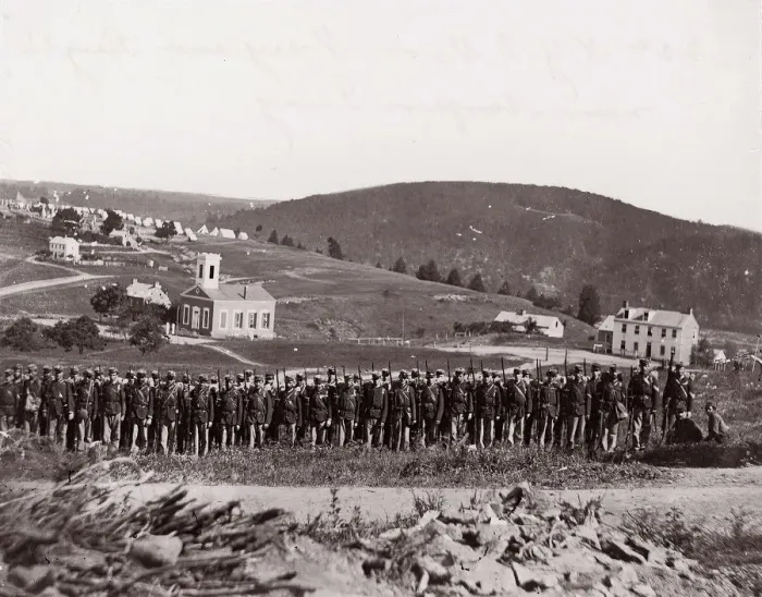 Framed Print : Maryland Heights, near Harpers Ferry, New York State Militia, 1861-65. Creator: Unknown Framed Print : Maryland Heights, near Harpers Ferry, New York State Militia, 1861-65. Creator: Unknown