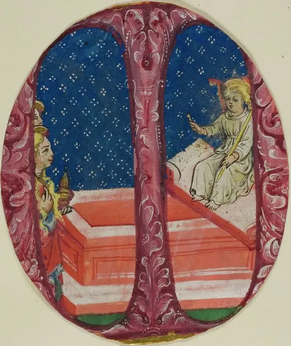 Framed Print : Two Marys Discover the Empty Tomb in a Historiated Initial M, 1475 / 99. Creator: Unknown. Two Marys Discover the Empty Tomb in a Historiated Initial M, 1475 / 99. Creator: Unknown Framed Print : Two Marys Discover the Empty Tomb in a Historiated Initial M, 1475 / 99. Creator: Unknown. Two Marys Discover the Empty Tomb in a Historiated Initial M, 1475 / 99. Creator: Unknown