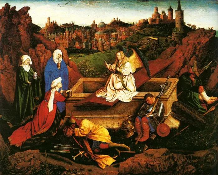 Framed Print : The Three Marys at the Sepulchre, c. 1440. Artist: Eyck, Hubert (Huybrecht), van (ca 1370-1426) Framed Print : The Three Marys at the Sepulchre, c. 1440. Artist: Eyck, Hubert (Huybrecht), van (ca 1370-1426)