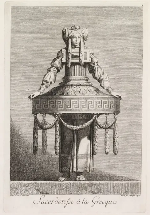 Framed Print : Mascarade a la Grecque: Sacerdotesse a la Grecque (Plate 8), 1771. Creator Framed Print : Mascarade a la Grecque: Sacerdotesse a la Grecque (Plate 8), 1771. Creator