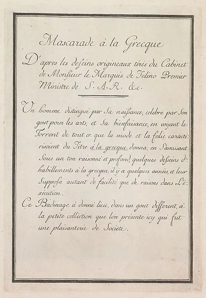 Mascarade a la Grecque: Title Page (Plate 1), 1771. Creator: Benigno Bossi (Italian
