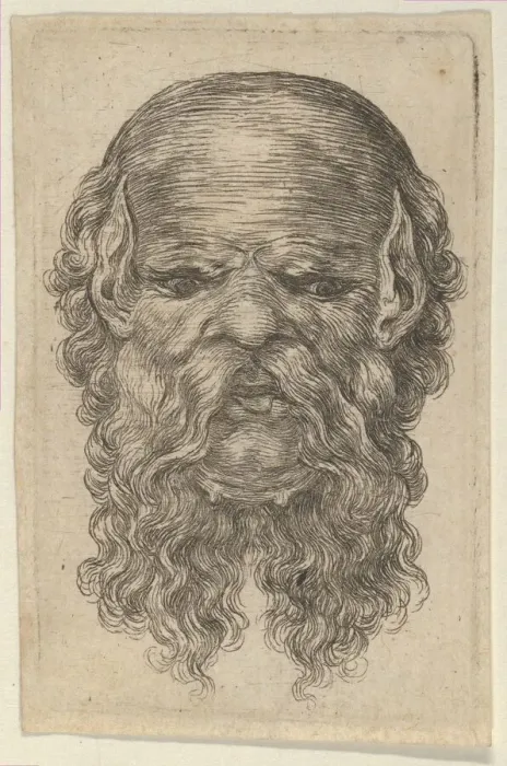 Framed Print : Mask of a Bald Man with Pointed Ears and a Long, Parted Beard, from Divers Masques, ca Framed Print : Mask of a Bald Man with Pointed Ears and a Long, Parted Beard, from Divers Masques, ca