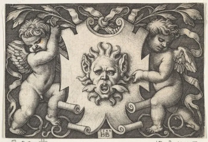 Framed Print : A Mask on an Escutcheon Supported by Two Genii, 1544. Creator: Sebald Beham Framed Print : A Mask on an Escutcheon Supported by Two Genii, 1544. Creator: Sebald Beham