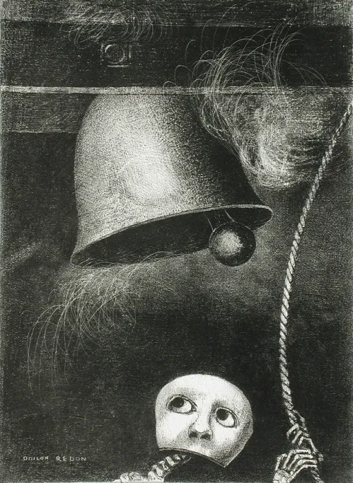 Framed Print : A Mask Sounds the Death Knell. Series: For Edgar Poe, 1882. Artist: Redon, Odilon (1840-1916) Framed Print : A Mask Sounds the Death Knell. Series: For Edgar Poe, 1882. Artist: Redon, Odilon (1840-1916)