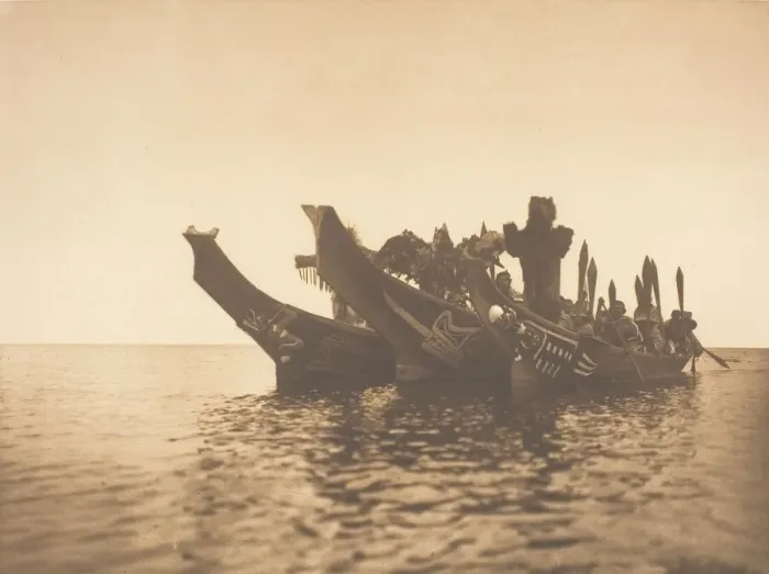 Framed Print : Masked Dancers in Canoes - Qagyuhl A, 1914. Creator: Edward Sheriff Curtis Framed Print : Masked Dancers in Canoes - Qagyuhl A, 1914. Creator: Edward Sheriff Curtis