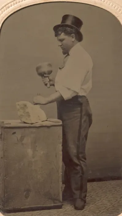 Framed Print : Mason in Top Hat with Mallet, Chisel, and Piece of Stone, 1870s-80s. Creator: J. R Framed Print : Mason in Top Hat with Mallet, Chisel, and Piece of Stone, 1870s-80s. Creator: J. R