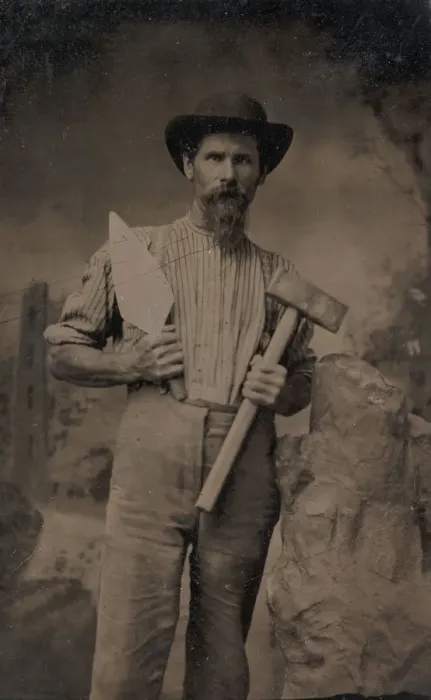 Framed Print : Mason (?) Holding a Trowel and Sledgehammer, 1870s-80s. Creator: Unknown Framed Print : Mason (?) Holding a Trowel and Sledgehammer, 1870s-80s. Creator: Unknown