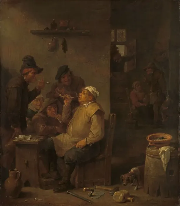 Framed Print : Mason Smoking with Companions in a Tavern, c.1675. Creator: David Teniers II Framed Print : Mason Smoking with Companions in a Tavern, c.1675. Creator: David Teniers II