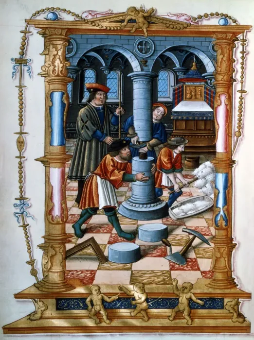 Framed Print : Masons building a pillar in a church, c1525 Framed Print : Masons building a pillar in a church, c1525