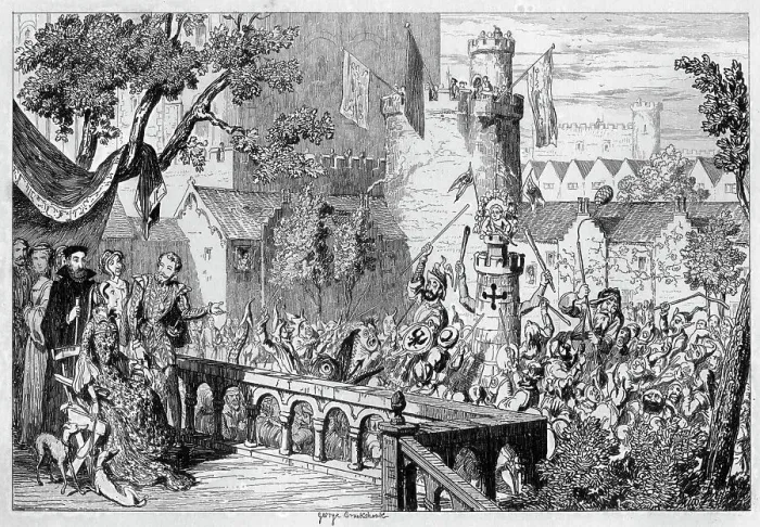 Framed Print : Masque in the palace garden of the Tower of London, 1840. Artist: George Cruikshank Framed Print : Masque in the palace garden of the Tower of London, 1840. Artist: George Cruikshank