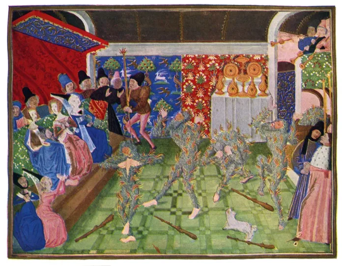 Framed Print : Masquerade at the French court, 1393, (1470-1475). Artist: Master of the Harley Froissart Framed Print : Masquerade at the French court, 1393, (1470-1475). Artist: Master of the Harley Froissart