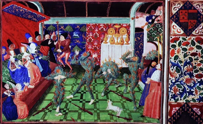 Framed Print : Masquerade at the French court, 1470-1475. Creator: Jean Froissart Framed Print : Masquerade at the French court, 1470-1475. Creator: Jean Froissart