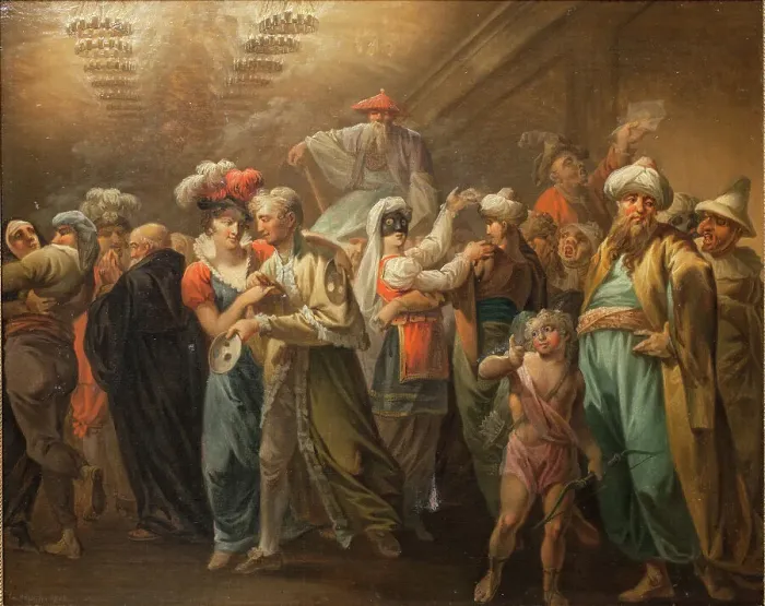 Framed Print : Masquerade. Intermedium; Holberg Gallery. Scenes from Ludvig Holberg's comedies, 1813. Creator: Christian August Lorentzen Framed Print : Masquerade. Intermedium; Holberg Gallery. Scenes from Ludvig Holberg's comedies, 1813. Creator: Christian August Lorentzen