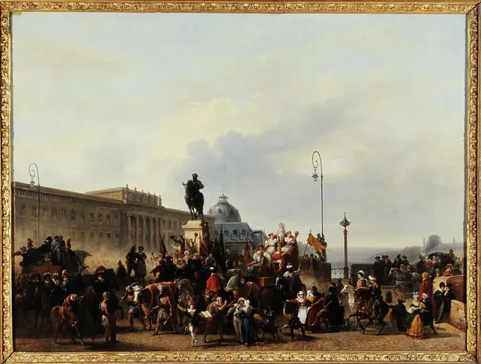 Framed Print : Masquerade on the Pont-Neuf, 1830. Creator: Guillaume Frederic Ronmy Framed Print : Masquerade on the Pont-Neuf, 1830. Creator: Guillaume Frederic Ronmy