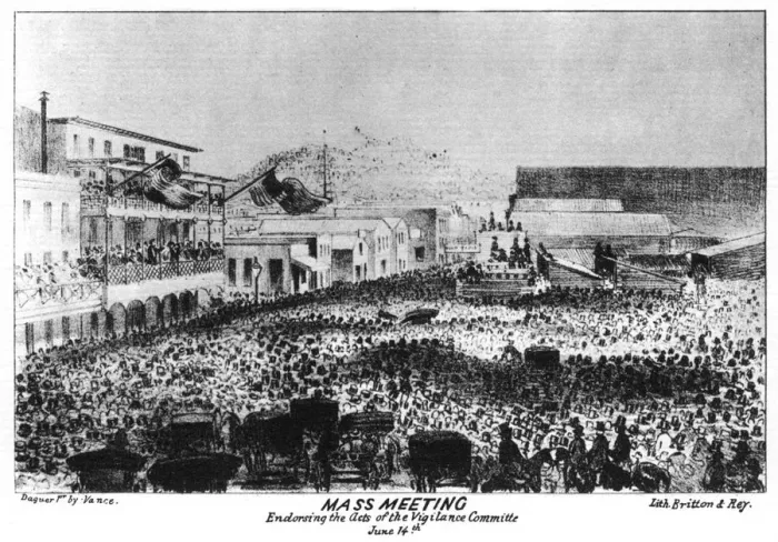 Framed Print : A mass meeting outside Fort Vigilant, Sacramento, California, 1856 (1937). Artist: Britton & Rey Framed Print : A mass meeting outside Fort Vigilant, Sacramento, California, 1856 (1937). Artist: Britton & Rey