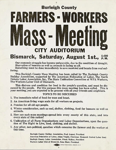Mass meeting poster. Burleigh County, North Dakota, 1937-08. Creator: Russell Lee