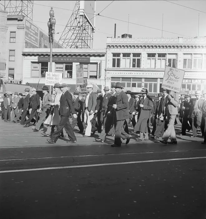 Framed Print : Mass meeting of WPA workers parading up Market Street, San Francisco, California, 1939. Creator: Dorothea Lange Framed Print : Mass meeting of WPA workers parading up Market Street, San Francisco, California, 1939. Creator: Dorothea Lange