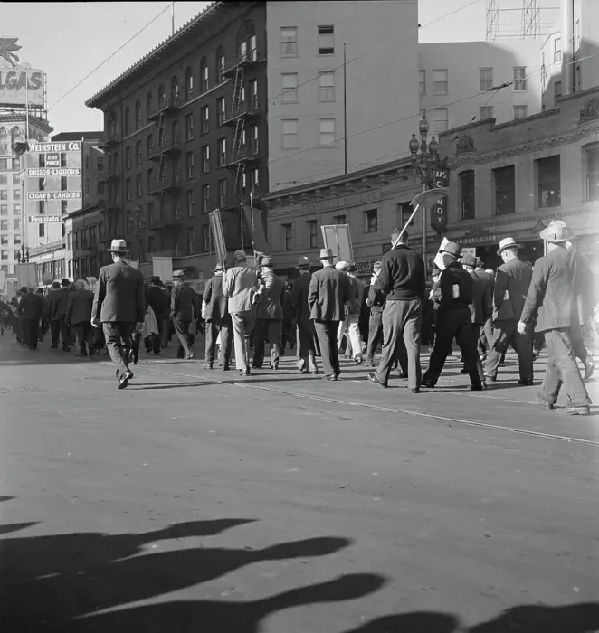Framed Print : Mass meeting of WPA workers parading up Market Street, San Francisco, California, 1939. Creator: Dorothea Lange Framed Print : Mass meeting of WPA workers parading up Market Street, San Francisco, California, 1939. Creator: Dorothea Lange