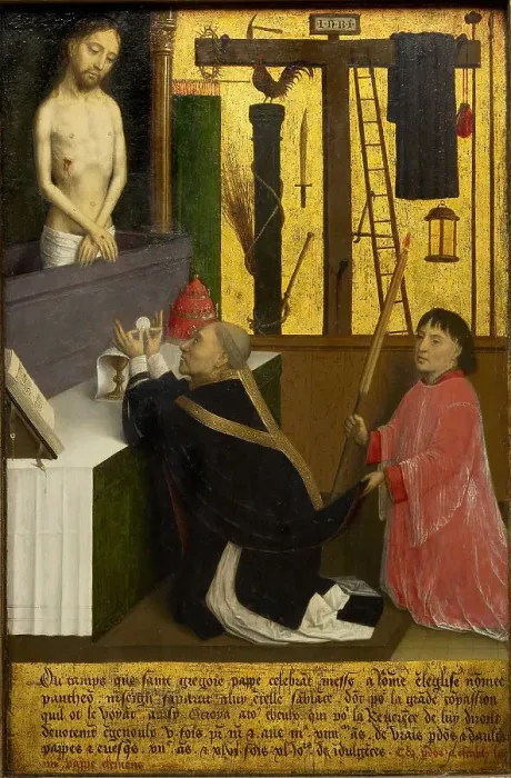 Framed Print : The Mass of Saint Gregory, ca 1460. Artist: Marmion, Simon (ca 1425-1489)