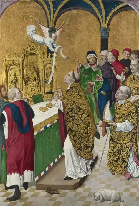 Framed Print : The Mass of Saint Hubert. Shutter from the Werden Altarpiece, ca 1485. Artist: Master of the Life of the Virgin, (Workshop) (active 1463-1490) Framed Print : The Mass of Saint Hubert. Shutter from the Werden Altarpiece, ca 1485. Artist: Master of the Life of the Virgin, (Workshop) (active 1463-1490)