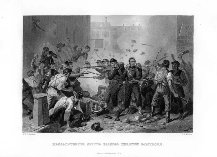 Framed Print : Massachusetts militia passing through Baltimore, 1861 (1862-1867) Framed Print : Massachusetts militia passing through Baltimore, 1861 (1862-1867)