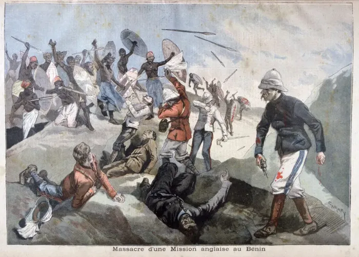 Framed Print : The Massacre of an English Mission in Benin, 1897. Artist: F Meaulle Framed Print : The Massacre of an English Mission in Benin, 1897. Artist: F Meaulle