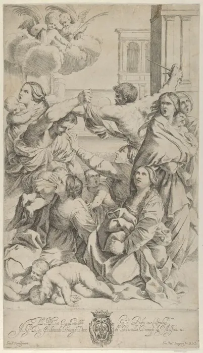 Framed Print : Massacre of the Innocents; group of women and children being attacked, two angels a Framed Print : Massacre of the Innocents; group of women and children being attacked, two angels a