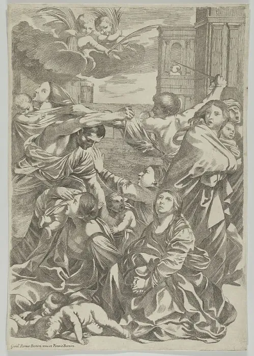 Framed Print : Massacre of the Innocents; group of women and children being attacked, two angels... ca. 1640-1700. Creator: Anon Framed Print : Massacre of the Innocents; group of women and children being attacked, two angels... ca. 1640-1700. Creator: Anon