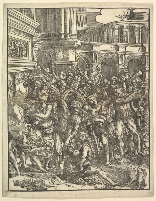 Framed Print : The Massacre of the Innocents (Right side) with group of male figures attacking women Framed Print : The Massacre of the Innocents (Right side) with group of male figures attacking women