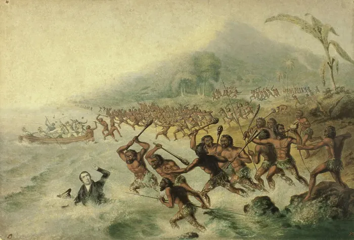 Framed Print : The Massacre of the Lamented Missionary, The Rev. J. Williams and Mr Harris, 1841. Creator: George Baxter Framed Print : The Massacre of the Lamented Missionary, The Rev. J. Williams and Mr Harris, 1841. Creator: George Baxter