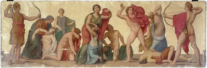 Framed Print : Massacre of Niobids, composition from the atrium of the Pompean house of Prince Napoleon, c1860. Creator: Unknown Framed Print : Massacre of Niobids, composition from the atrium of the Pompean house of Prince Napoleon, c1860. Creator: Unknown