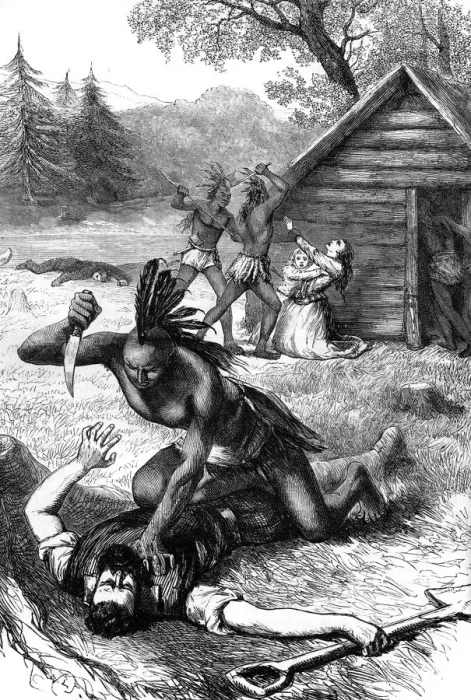 Framed Print : Massacre of settlers by Native Americans, c17th century (c1880) Framed Print : Massacre of settlers by Native Americans, c17th century (c1880)