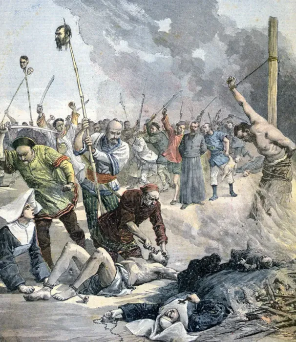 Framed Print : Massacres in China, 1891. Artist: Henri Meyer Framed Print : Massacres in China, 1891. Artist: Henri Meyer