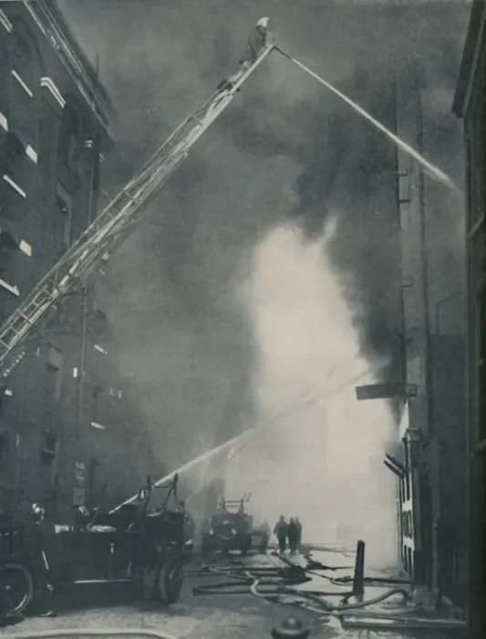 Framed Print : Massed Forces of the Modern Fire-Fighter Pitted Against a City Blaze, c1935 Framed Print : Massed Forces of the Modern Fire-Fighter Pitted Against a City Blaze, c1935