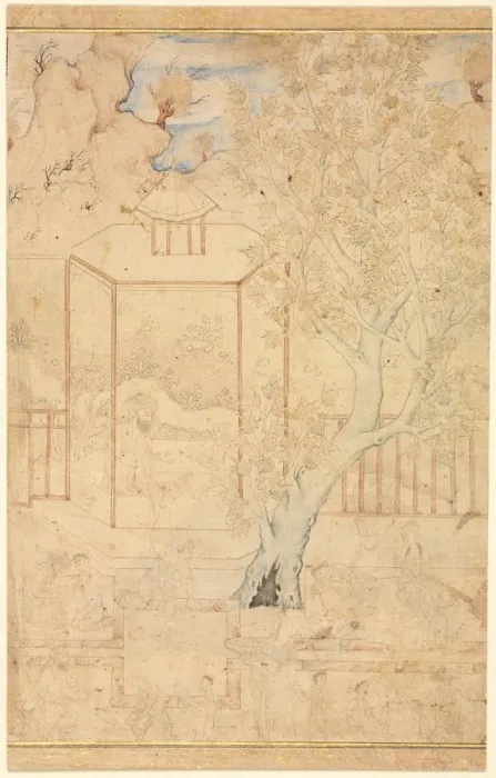 Framed Print : Master and Disciple in a Garden Pavillion; Single Page Illustration, c. 1570-1590s Framed Print : Master and Disciple in a Garden Pavillion; Single Page Illustration, c. 1570-1590s