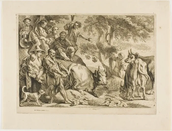 Framed Print : The Master Pulls the Cow Out of the Ditch by its Tail, 1652. Creator: Jacob Jordaens Framed Print : The Master Pulls the Cow Out of the Ditch by its Tail, 1652. Creator: Jacob Jordaens