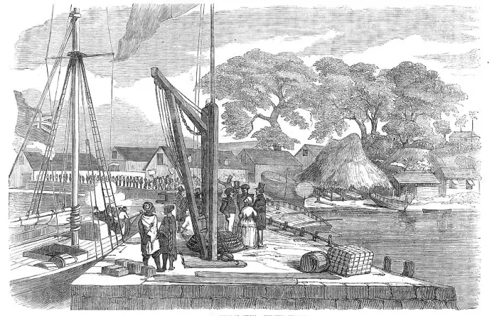 Framed Print : Matacong, on the West Coast of Africa - the Pier, Warehouses, etc. 1854. Creator: Unknown Framed Print : Matacong, on the West Coast of Africa - the Pier, Warehouses, etc. 1854. Creator: Unknown