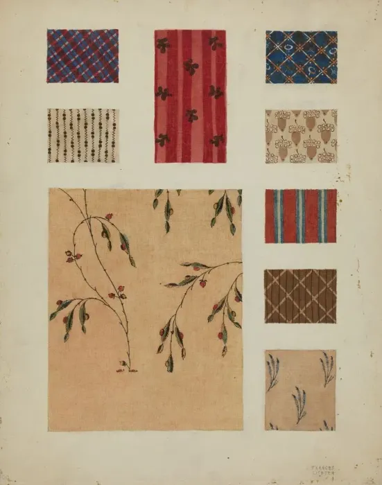 Framed Print : Materials from Patchwork Bedspread, c. 1936. Creator: Frances Lichten Framed Print : Materials from Patchwork Bedspread, c. 1936. Creator: Frances Lichten