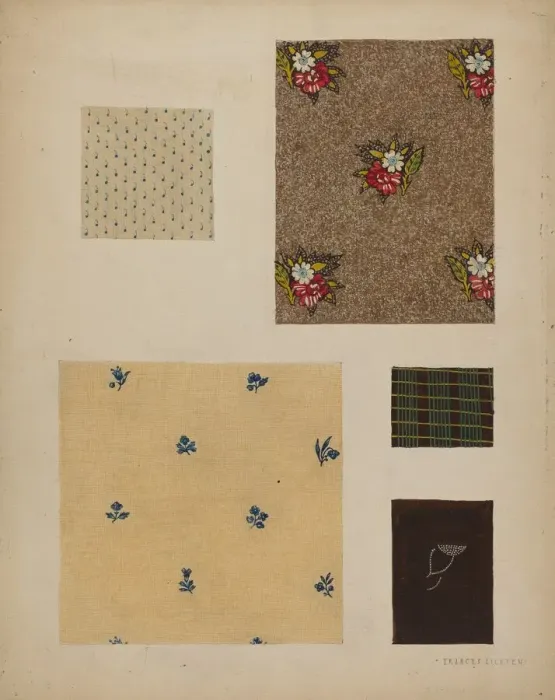 Framed Print : Materials from Patchwork Bedspread, c. 1936. Creator: Frances Lichten Framed Print : Materials from Patchwork Bedspread, c. 1936. Creator: Frances Lichten