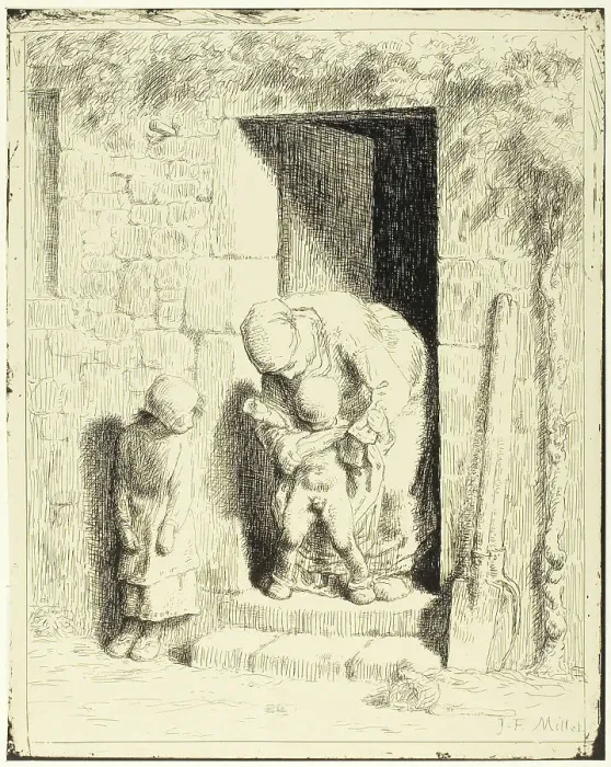 Framed Print : The Maternal Precaution, 1860, published 1921. Creator: Jean Francois Millet Framed Print : The Maternal Precaution, 1860, published 1921. Creator: Jean Francois Millet