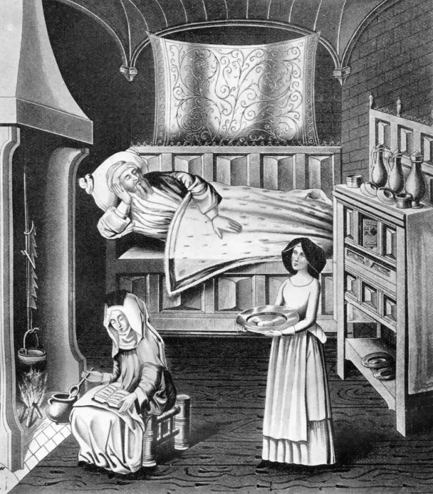 Framed Print : Matron and servant in the sick-chamber, c1470, (1910) Framed Print : Matron and servant in the sick-chamber, c1470, (1910)