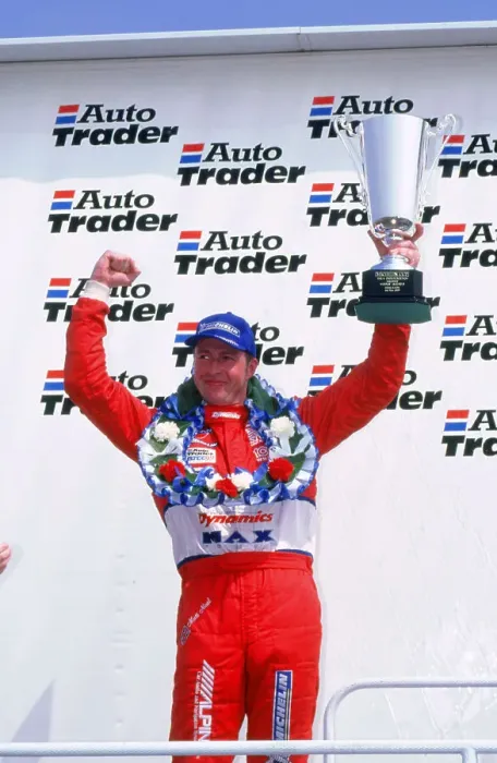 Framed Print : Matt Neal, Nissan driver, celebrates victory, 1999 British touring cars Framed Print : Matt Neal, Nissan driver, celebrates victory, 1999 British touring cars