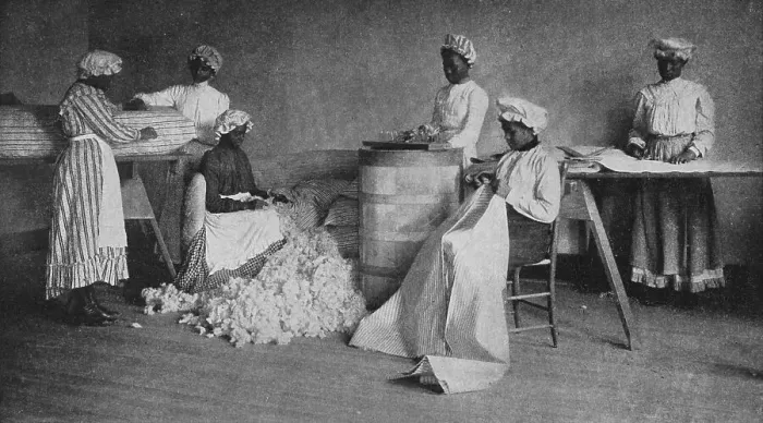 Framed Print : Mattress-making, 1904. Creator: Frances Benjamin Johnston Framed Print : Mattress-making, 1904. Creator: Frances Benjamin Johnston