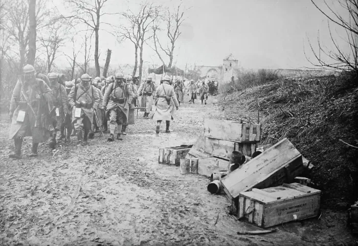 Framed Print : On Maubeuge Road, coming from 1st line trenches, between c1915 and c1920. Creator: Bain News Service Framed Print : On Maubeuge Road, coming from 1st line trenches, between c1915 and c1920. Creator: Bain News Service