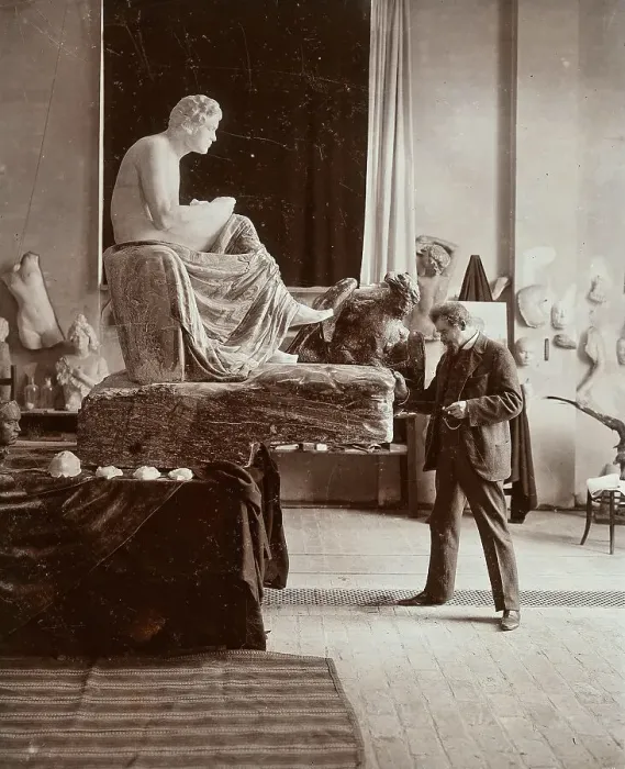 Framed Print : Max Klinger working on the Beethoven sculpture, 1901. Creator: Fotoatelier Hans Franke & Co, Berlin. Max Klinger working on the Beethoven sculpture, 1901. Creator: Fotoatelier Hans Franke & Co, Berlin